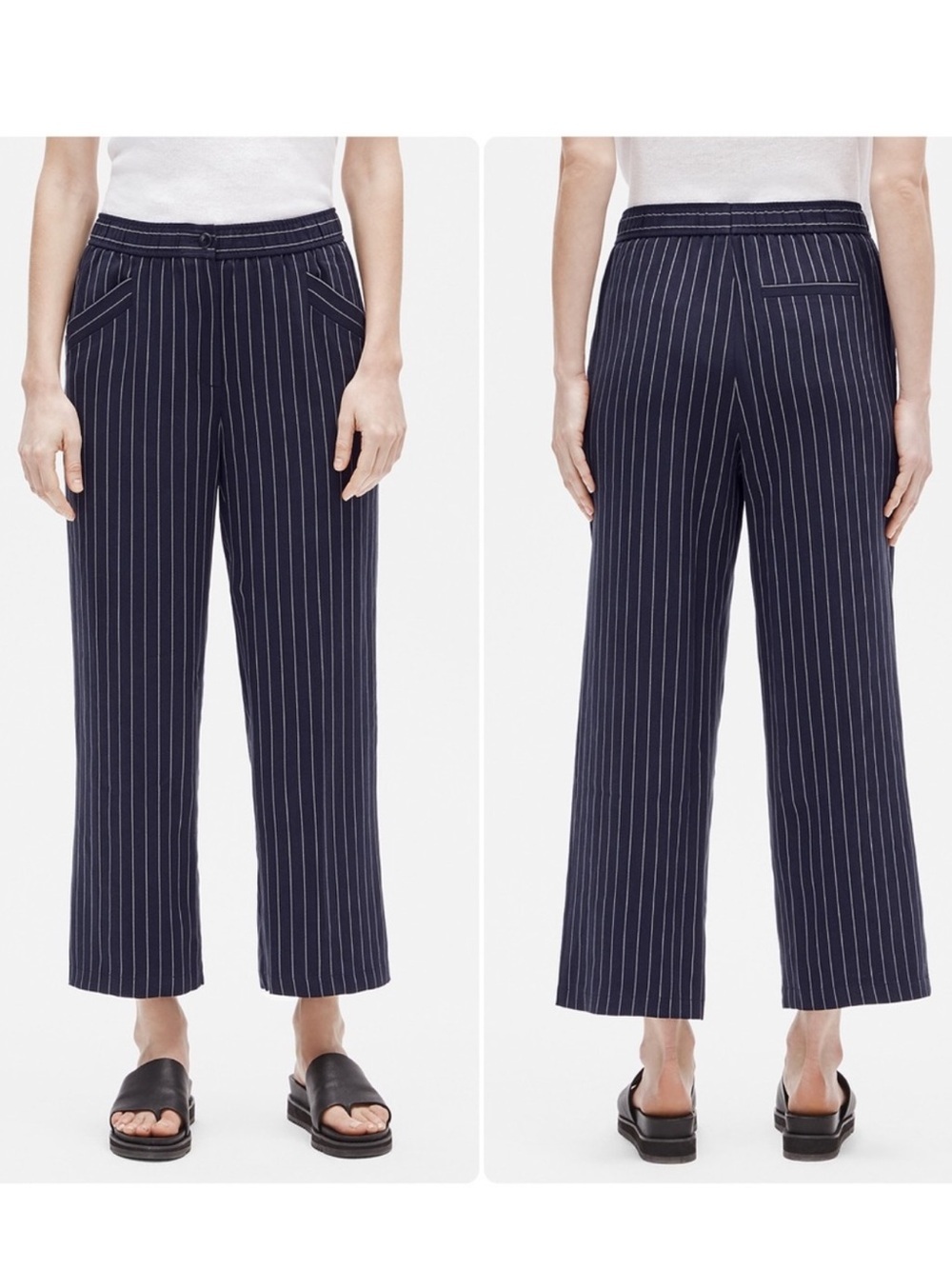 Eileen Fisher Petite Woven Tencel Cropped Wide Leg Striped Pants Size XS